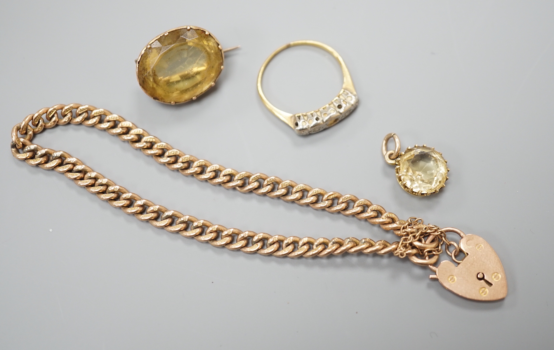 A 9ct gold curblink bracelet, 11.7 grams and three other items.